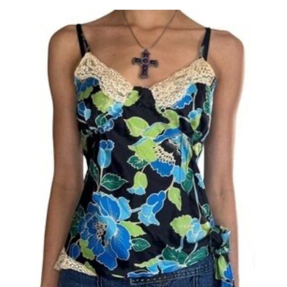 Y2K MIXIT Blue Floral Lace Trim Babydoll Cami Top 2000s Goth Plus 1X - Picture 1 of 10